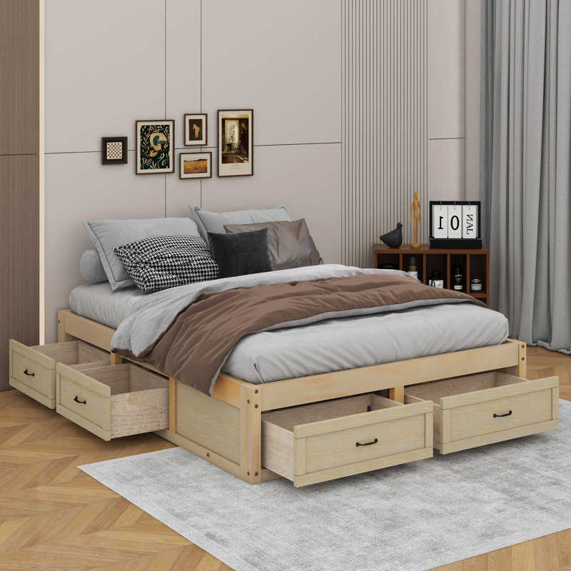 Lit plateforme avec 6 tiroirs, Grand lit,  Naturel antique