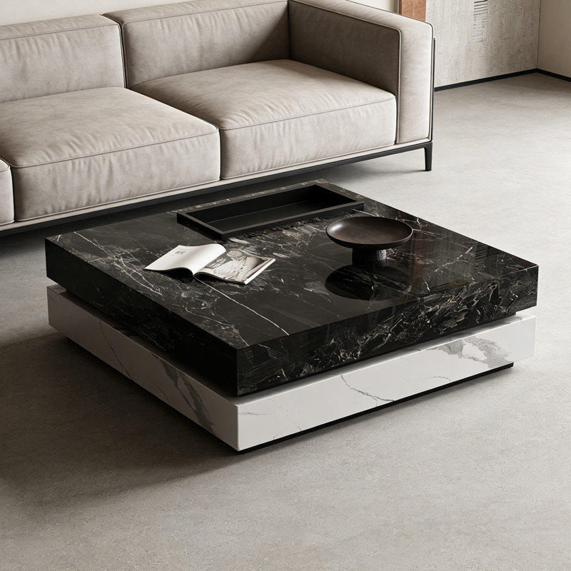 Table basse carrée sur pied avec plateau, Noir, H 13,77 po x L 47,24 po x l 47,24 po, Noir