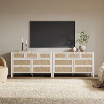 Pomodoro 51" W Rattan 7-Drawer Dresser With Golden Handles, Coastal Boho Bedroom Storage Chest
