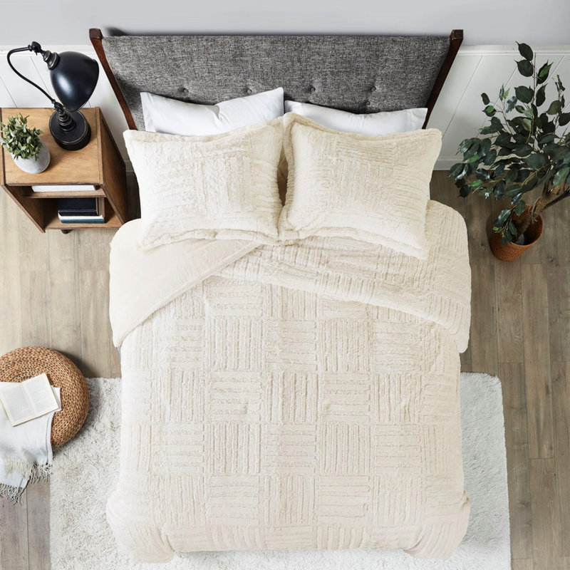 Très grand / très grand édredon en fausse fourrure, motif damier, Édredon très grand + 2 taies décoratives, Ivoire ivoire