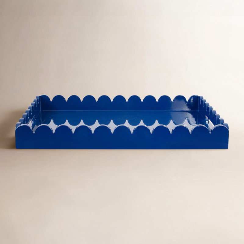 Hindley Hand-Crafted Rectangular Scalloped Wood Tray, Blue