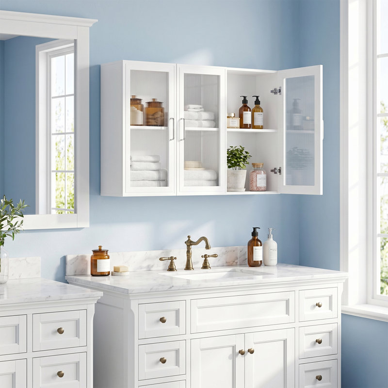 Armoire de rangement murale 36 po avec éclairage à DEL et tablette réglable, 3 portes en verre acrylique, armoires murales pour la cuisine et la salle de lavage