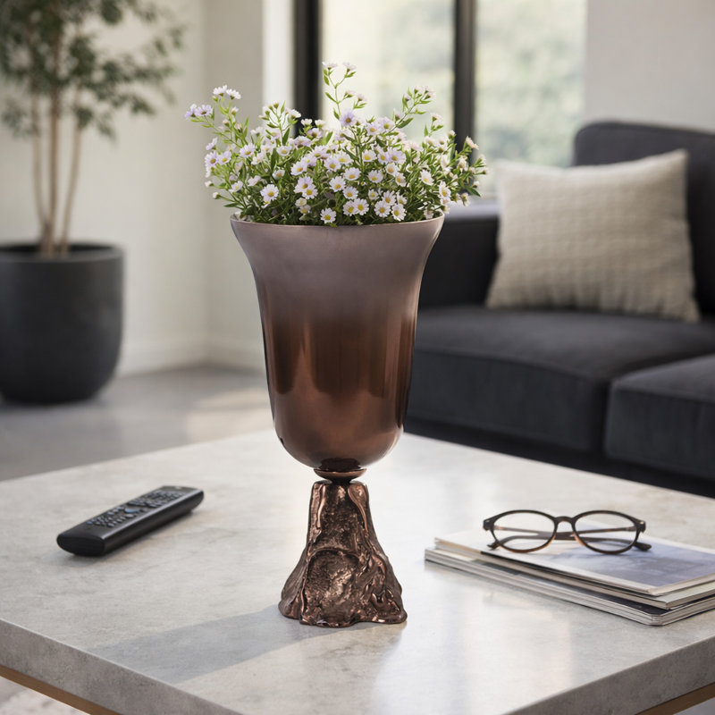 Decorative Glass Vase with Pedestal Base for Home Decor - Tall Flower Vase Accent for Console Table or Living Room Styling - Bronze & Copper