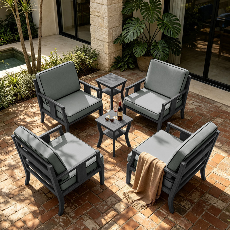Ensemble de conversation d'extérieur en teck pour quatre personnes avec coussin et deux tables d'appoint, Gris, Noir