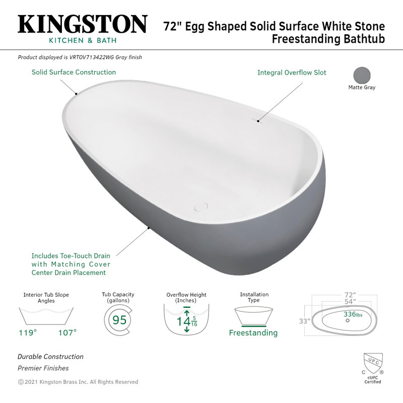 Baignoire autoportante à double extrémité en forme d'œuf à double face avec drain de 72 pouces Kingston Brass, gris
