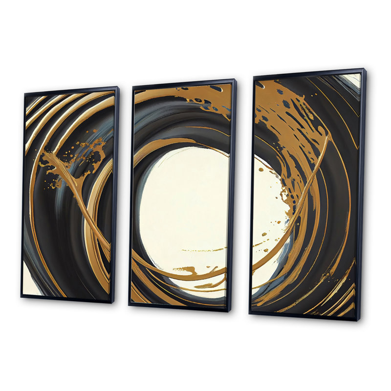 Cercle noir et or II - ensemble d'art mural moderne sur toile, Cadre noir, H 28 po x l 36 po x P 1 po