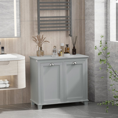 Tilt-Out Laundry Sorter Cabinet, Bathroom Storage Organizer With Two-Compartment Tilt-Out Hamper, Gray