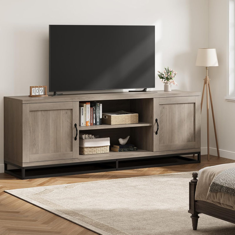 Farmhouse TV Stand with 2-Tier Adjustable Shelves, Wooden Entertainment Center with Storage Compartments, Gray, Gray