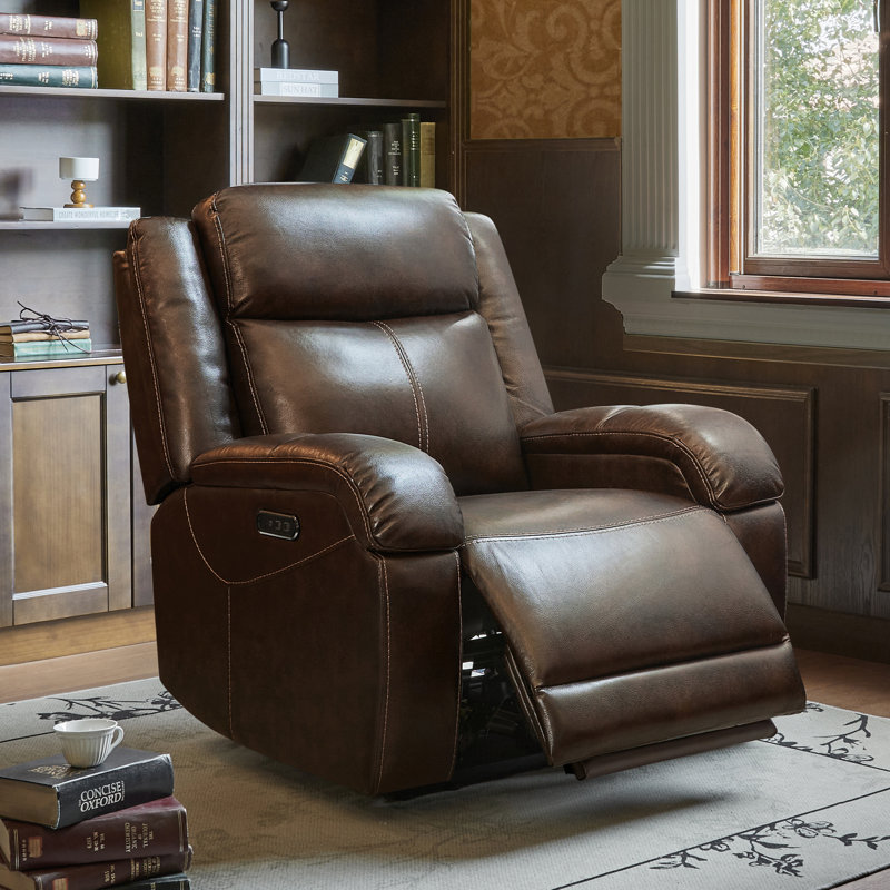 Oversized Genuine Leather Zero Wall Power Recliner with Adjustable Headrest, Brown