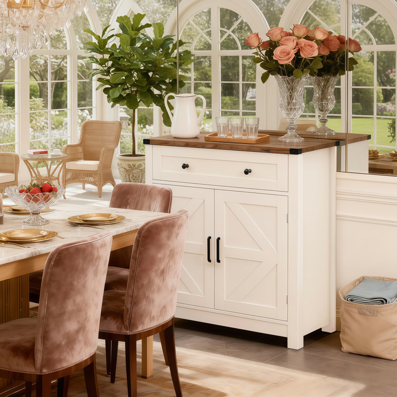 White Wood-Grain Countertop Farmhouse-Style Sideboard With Barn Doors And Drawers; Suitable For Both Kitchen And Living Room Use.
