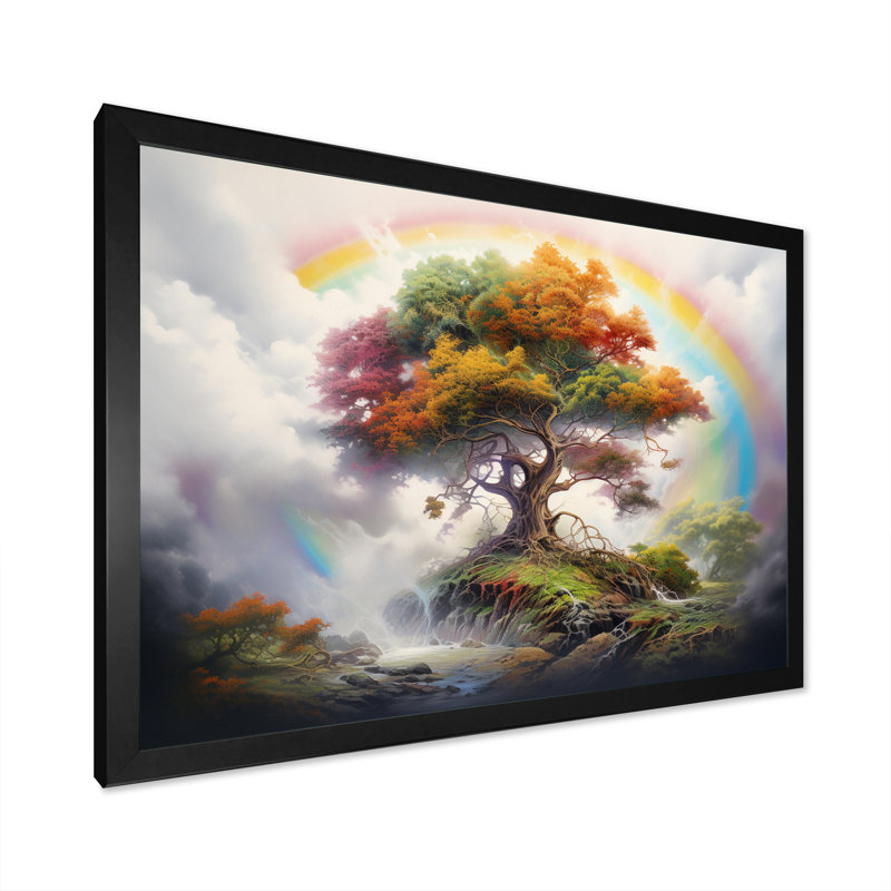 Mythique arbre majestueux avec arc-en-ciel sur toile, H 30 po x l 40 po x P 1,5 po, Cadre simple noir