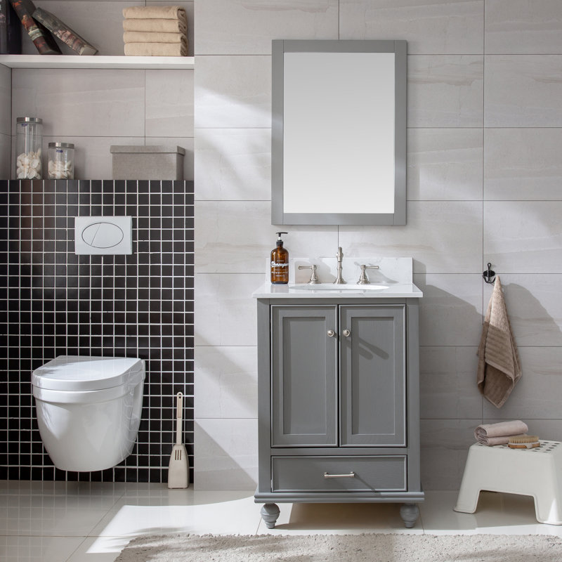 Ensemble de meuble-lavabo simple 24 po Angelissa, Gris grain / nickel brossé, Pierre artificielle blanc de Carrare