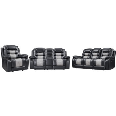 Asher 3Pc Manual Recliner Sofa, Loveseat, Chair Set, Black & Gray Faux Leather