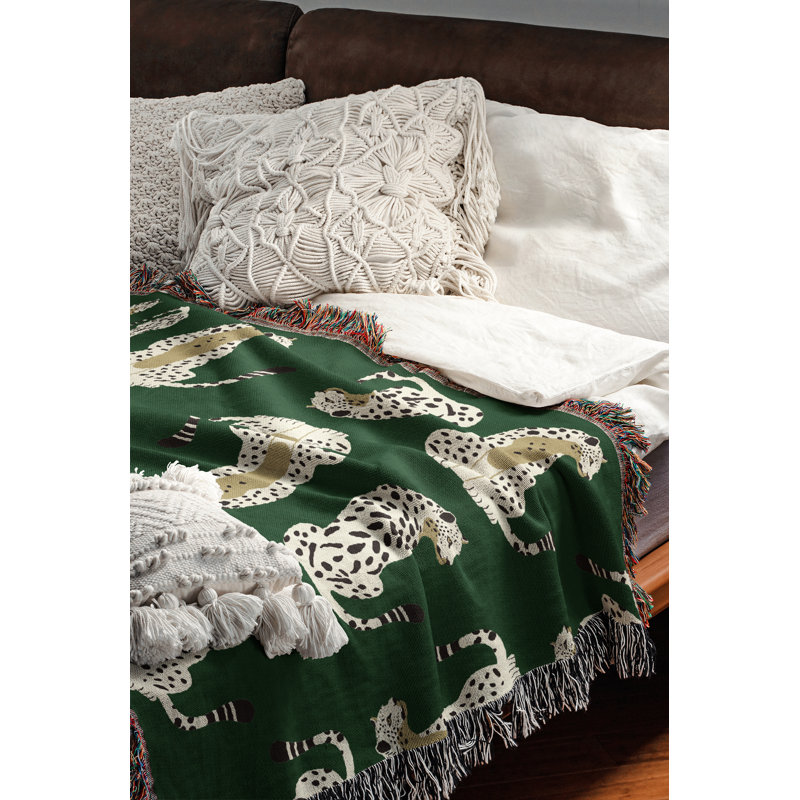 Jeté en mélange de coton Ren Leopard, L 70 po x l 50 po, Vert / blanc cassé