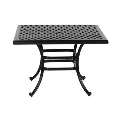 Table de patio carrée 44 po bronze foncé foncé. Fabrication en aluminium. Dessus élégant. Parfait pour les repas et les rassemblements en plein air. Toutes saisons. Surface facile à nettoyer. Compatibilité avec parasol moulé au bord de la piscine