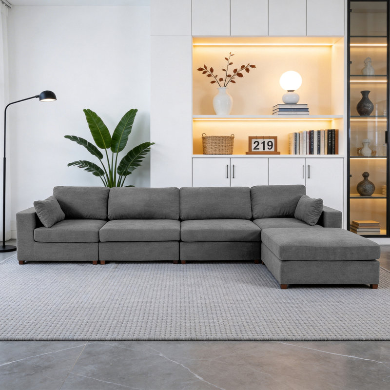 Canapé d'angle rembourré avec 1 repose-pieds, Chenille gris pâle, H 26 po x l 151,1 po x P 37,8 po
