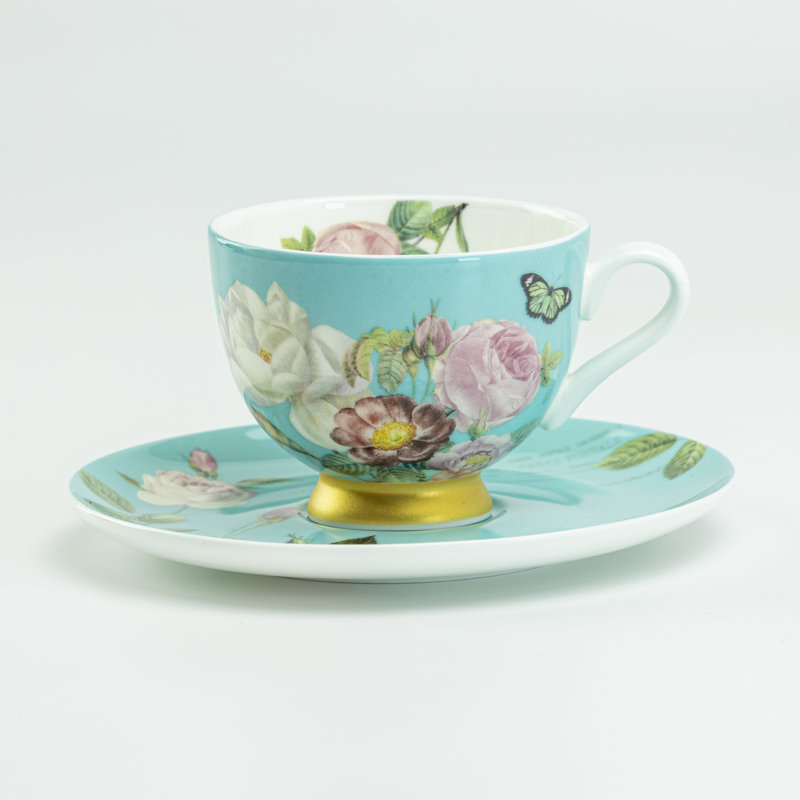 Ensemble de 2 tasses et soucoupes demi-tasses en porcelaine fine, motif papillons aqua