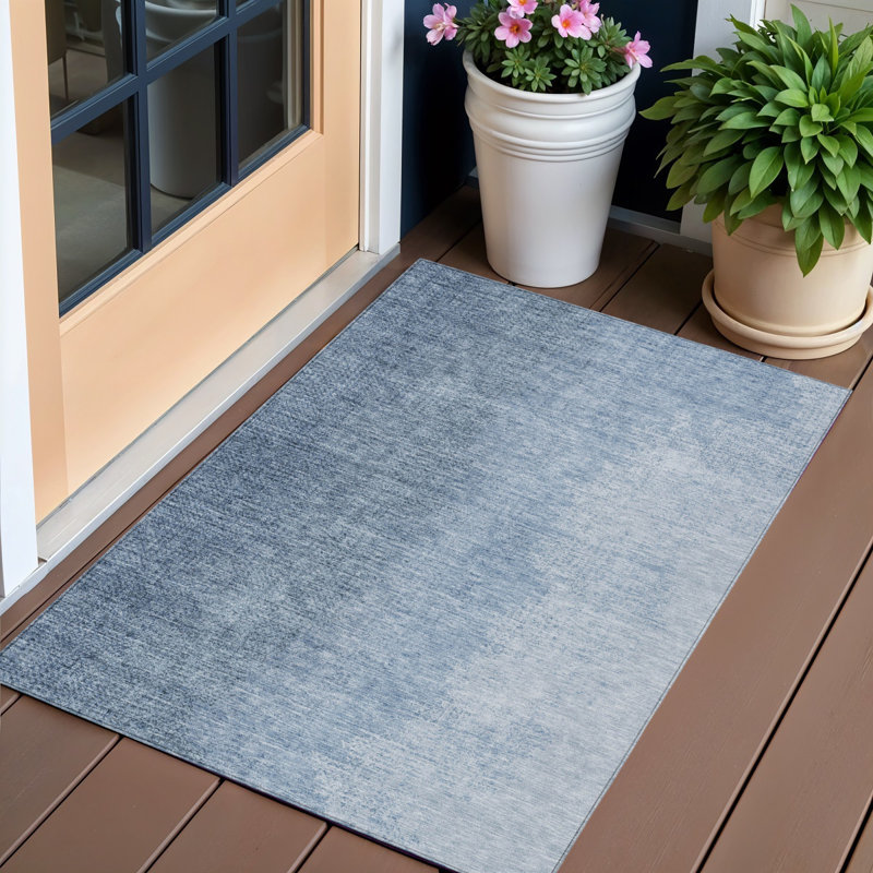 HomeRoots 3' X 5' Navy Blue And Sky Blue Abstract Washable Indoor Outdoor Area Rug