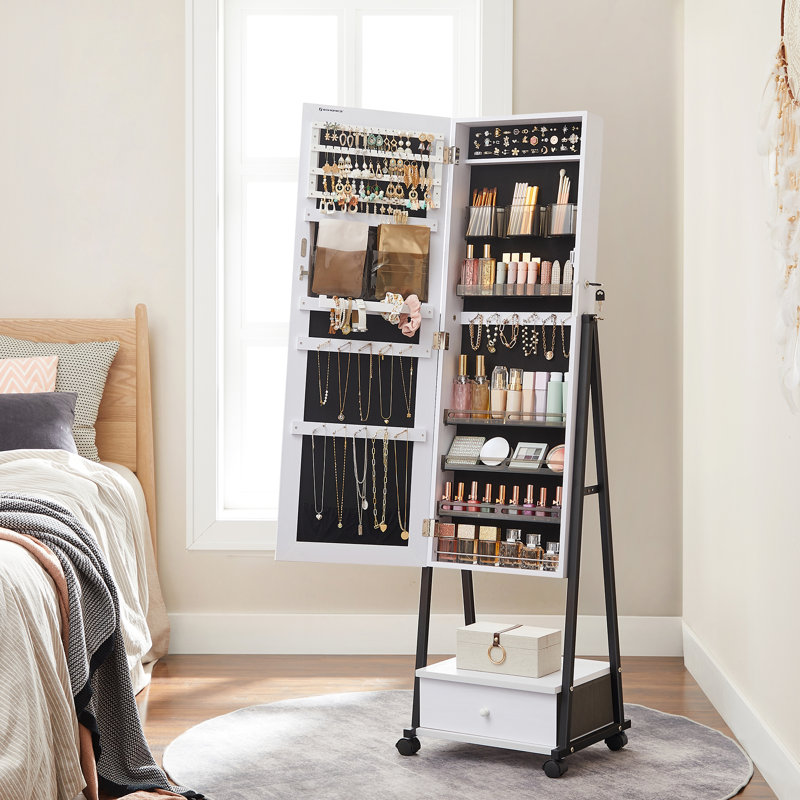 Armoire à bijoux avec miroir Enderlin, Blanc décoloré / noir