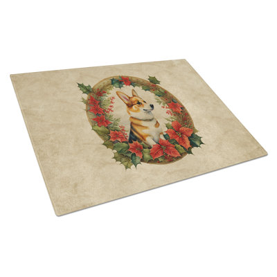 Corgi Christmas Flowers Glass Cutting Board