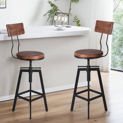Set Of 2 Industrial Bar Stool-Adjustable Swivel Wood Metal Stool With Backrest,Black,Fully Welded (Brown Wooden Top With Iron Backrest) by Williston Forge