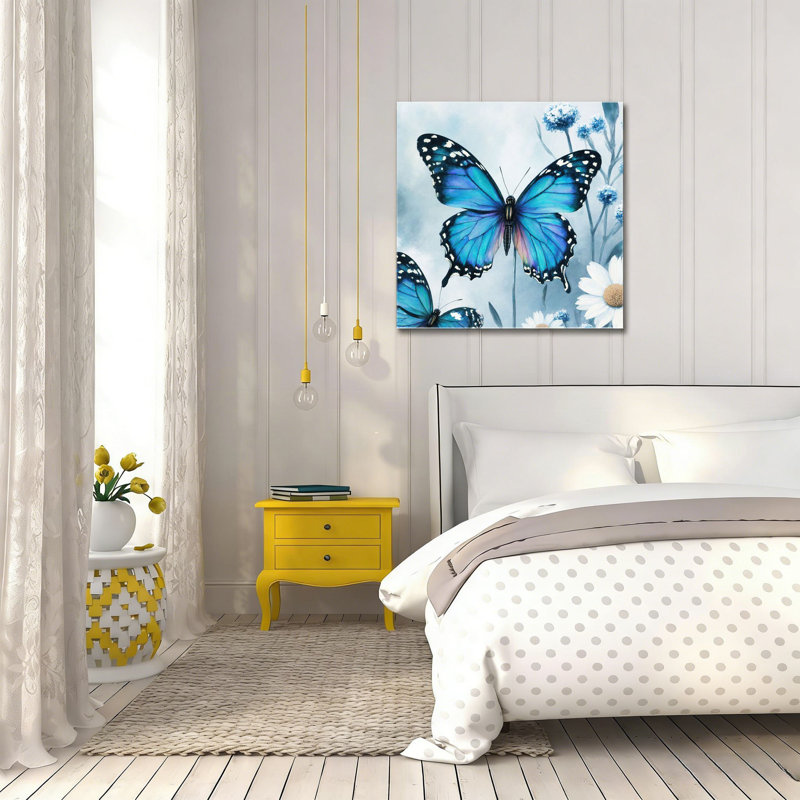 Papillons bleus avec marguerites blanches, cadre en bois intégré, 16 x 16
