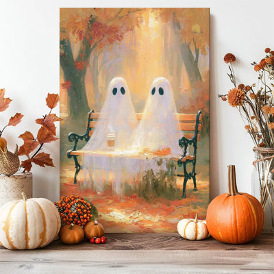 Tableau sur toile encadré (1 pièce) représentant un couple de fantômes mignons sur un banc, ambiance automnale et fantaisiste. Parfait pour décorer un salon, une chambre à coucher, un bureau, une salle de bain, une chambre d'étudiant ou toute autre pièce de la maison. Prêt à accrocher.