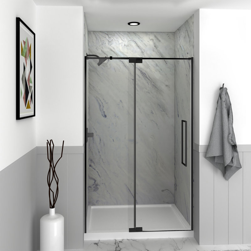 Porte de douche pivotante demi-cadre avec verre transparent Irene de 48 x 76 po de Transolide, Noir mat