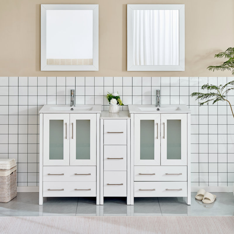 Ensemble de meuble-lavabo autoportant à double cuve 60 po avec plateau en céramique et miroirs assortis Brescia, Blanc