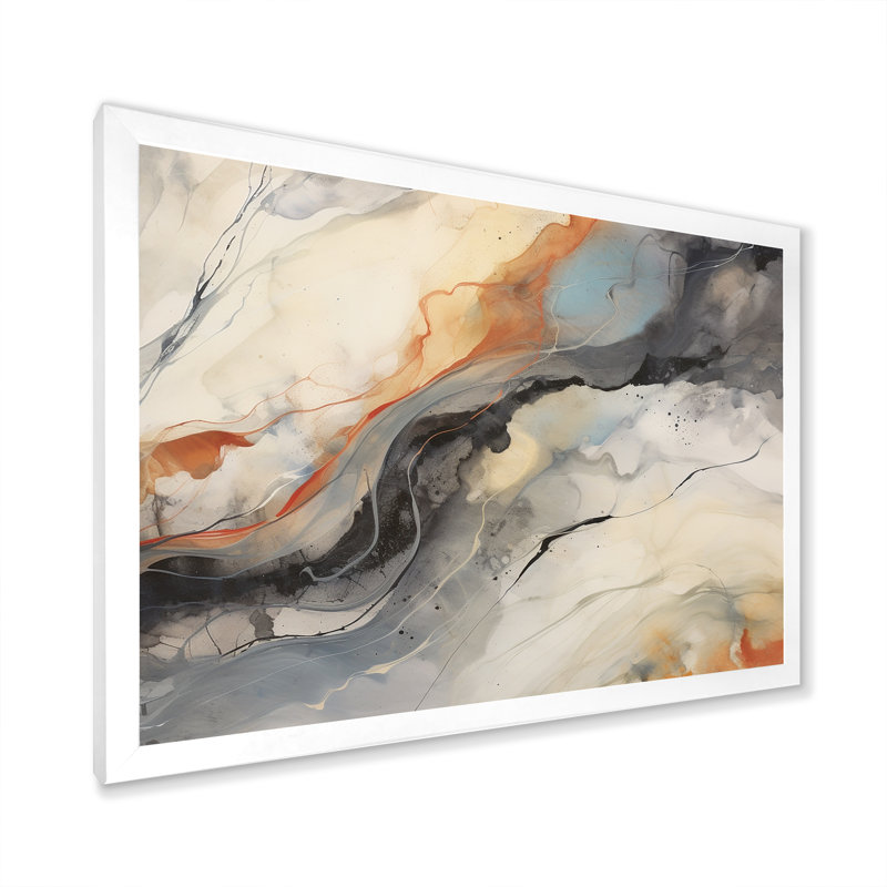 Marbre sérénité coloré gris aquarelle vagues - formes abstraites sur toile, H 30 po x l 40 po x P 1,5 po, Cadre photo blanc