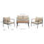 Ensemble de conversation d'extérieur 4 pièces avec coussins et table basse, détails en bois d'eucalyptus et structure en acier