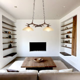 Double Head Antler Chandelier In Wood Grain, Adjustable 24 Inches In Frosted Glass