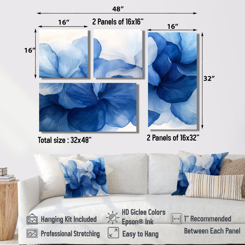 Bleu et blanc délicats pétales de fleurs IV - art mural floral 4 pièces, Toile tendue, Ne s’applique pas