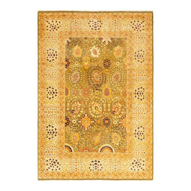 Tapis jaune / vert / ivoire noué à la main Trennen Mogul 6 pi 3 po x 9 pi 2 po