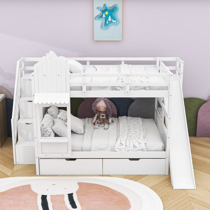 Hannu 2 Drawers Bunk Bed with Storage Stairs, Slide and Bookcase, Full over Full, White