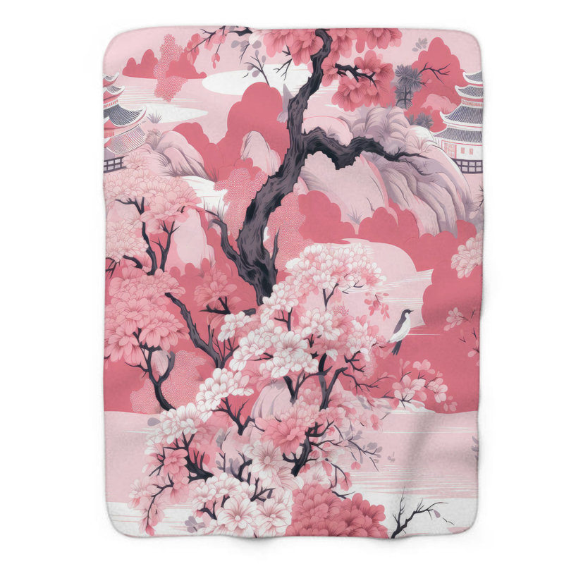 Jeté floral chinois rose - 1 pièce Sherpa B Premium, Grand lit