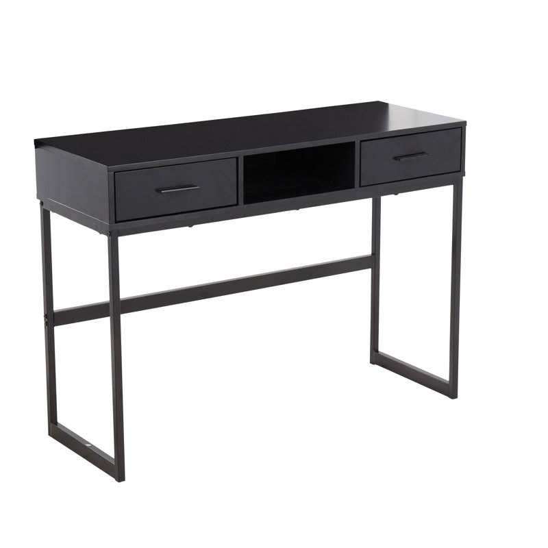 Console contemporaine à deux tiroirs, structure en bois d'ingénierie noir et métal