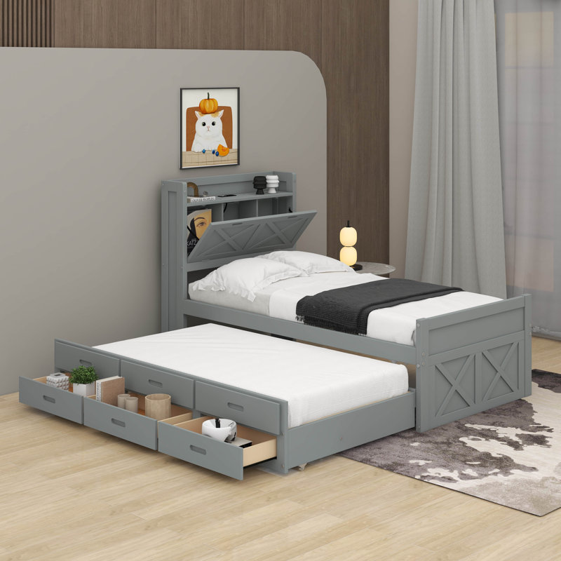 Twin Size Wooden Bed With Trundle, Gray