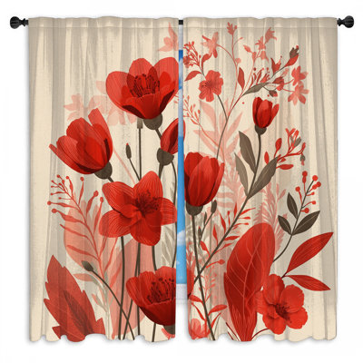 Red Floral Illustration Window Curtains Floral Sheer & Room Darkening - 2 Panels