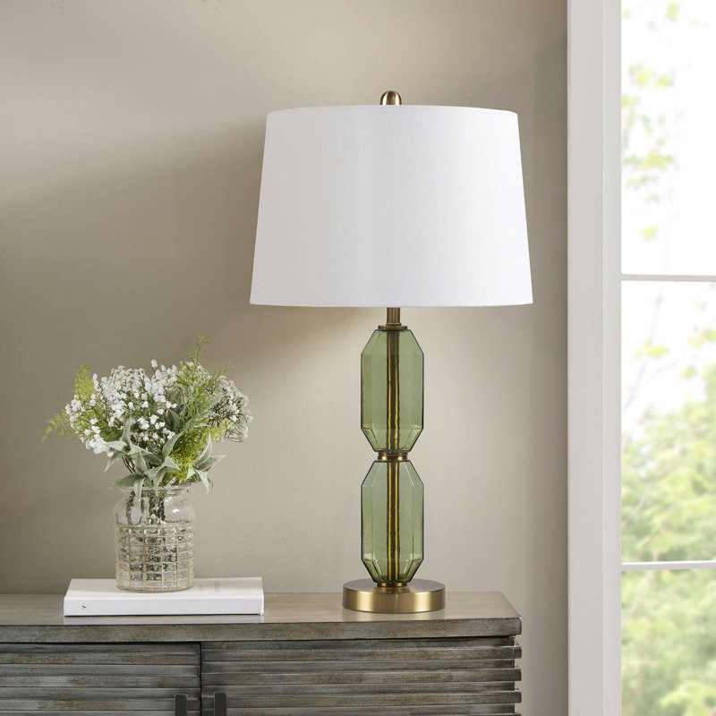 Green Faceted Glass Table Lamp with White Shade and Gold Base