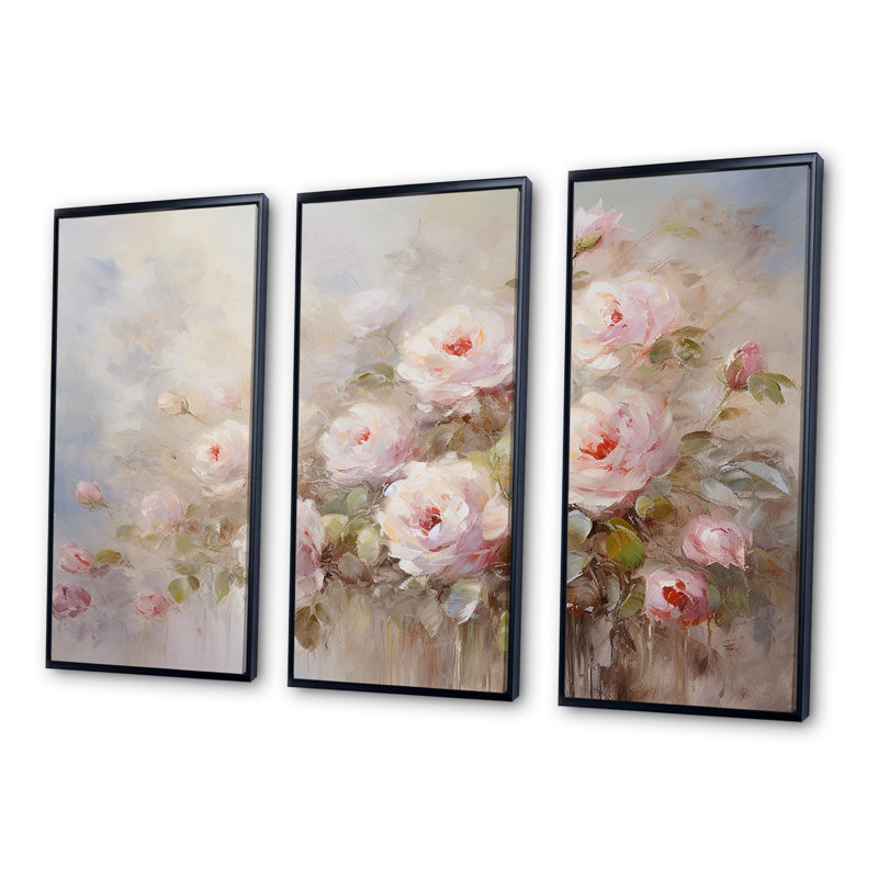 «Pink Roses Farmhouse Charm» - ensemble de décorations murales roses, H 40 po x l 60 po x P 1 po, Cadre flottant noir