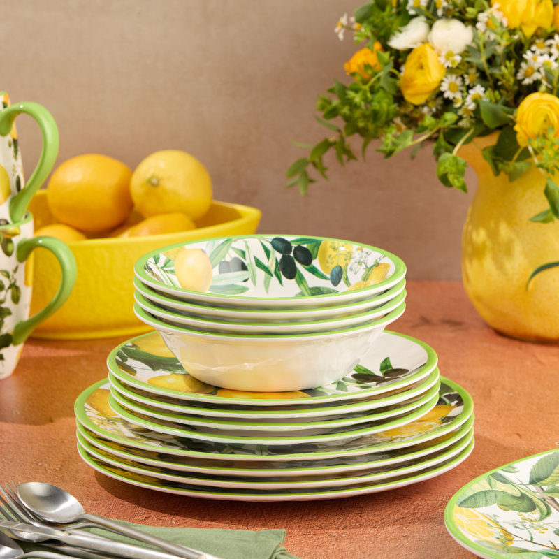 Ensemble de vaisselle en mélamine 12 pièces Limone - Assiettes et bols d'inspiration agrume - Vaisselle incassable, légère et lavable au lave-vaisselle pour les repas en plein air, le patio et l'utilisation quotidienne