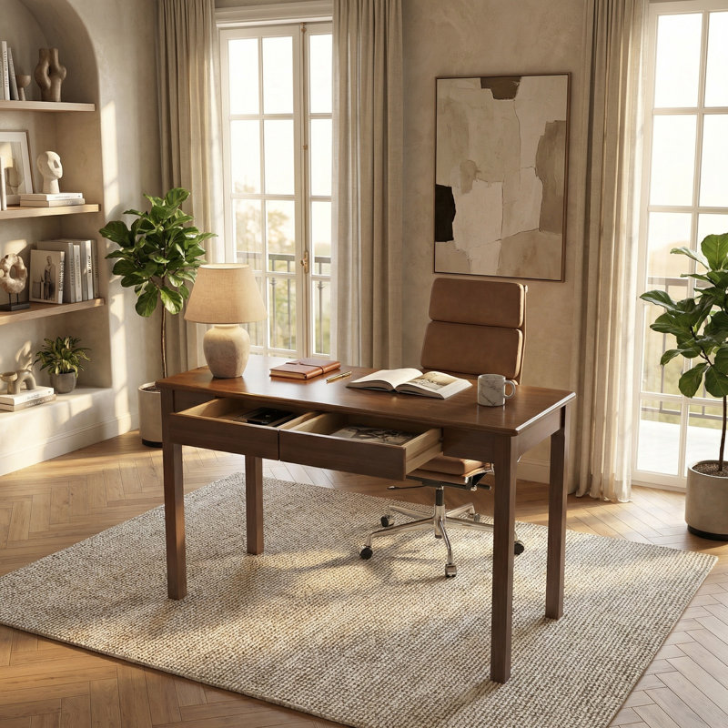 Solid Wooden Desk With Drawers -  Narrow Desks, Rubberwood Mid Century Modern Desks, Small Writing Desk For Bedroom|small Spaces