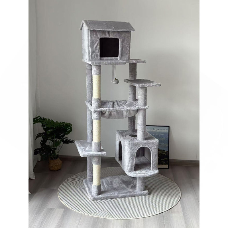Arbre à chat multi-niveaux avec maison de chat unique, hamac, poteaux à griffer - tour de chat en peluche pour chats d'intérieur, idéal pour plusieurs chats de 64 po