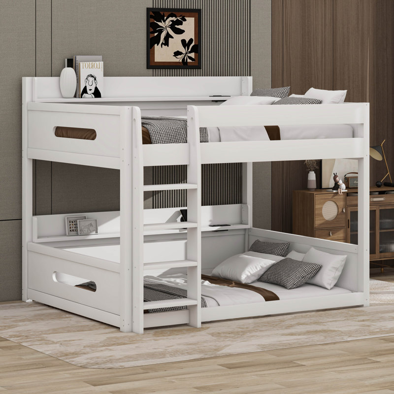 Lit superposé grand sur grand avec tablettes de rangement et ports USB, lit superposé en bois massif avec échelle et garde-corps