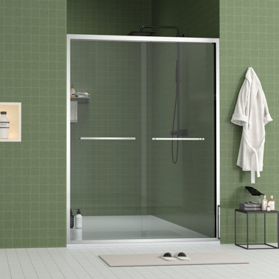 Enceinte de douche coulissante en verre à largeur réglable de 56 à 60 po avec verre trempé de 8 mm, conception à double poignée, quincaillerie pour porte d'entrée sécuritaire et sécuritaire et galets de 8 mm, chanfrein