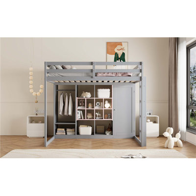 Wood Loft Bed with Wardrobe,Shelves and Cabinet