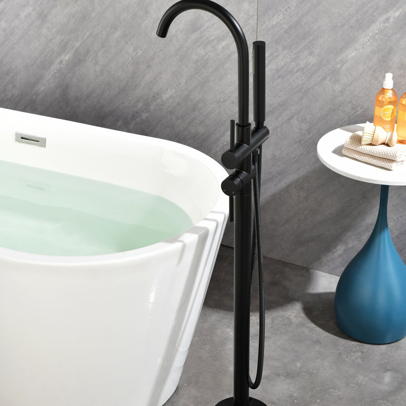 Floor Mounted Tub Faucet High Flow Freestanding Tub Filler Faucet With Handheld Shower Head And Swivel Spout, Matte Black