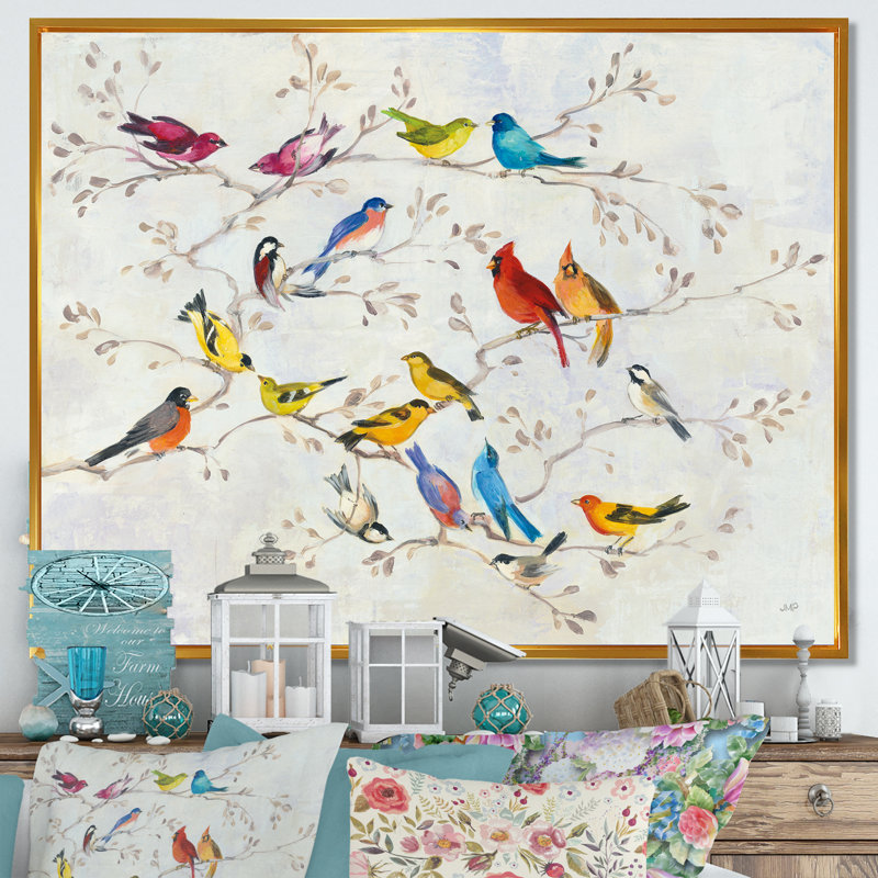 « multi-color oiseau on tree », reproduction d’impression sur toile encadrée modern campagne, H 16 po x l 32 po x P 1 po