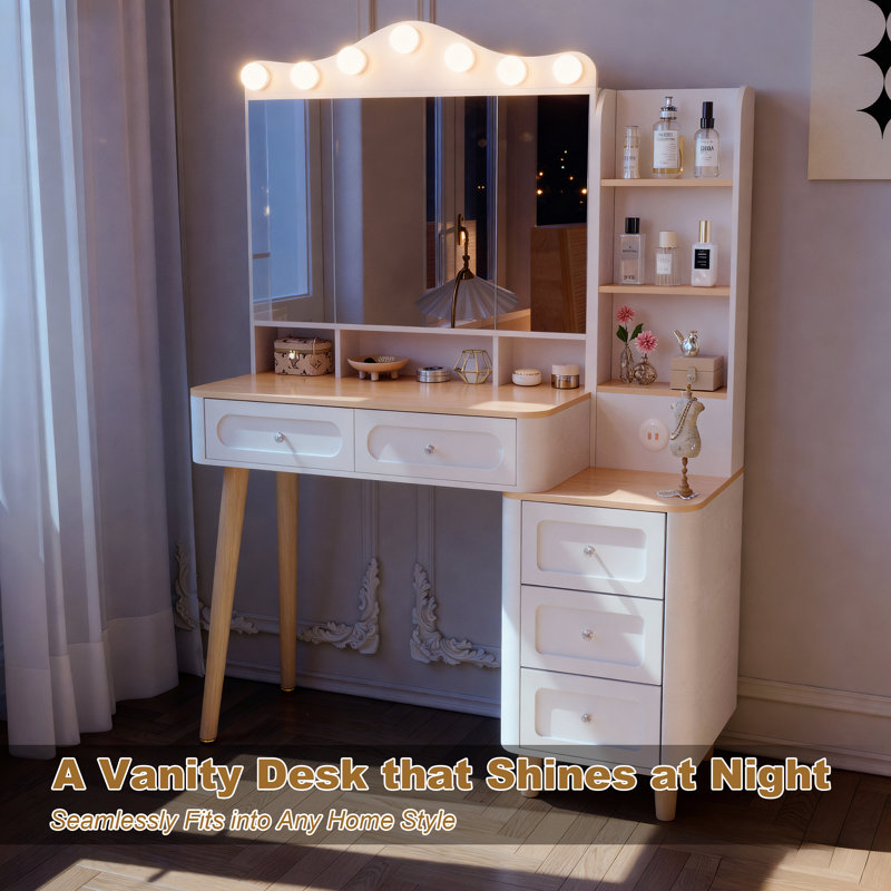 Bureau de meuble-lavabo avec miroir et lumières, meuble-lavabo de maquillage avec 2 barres d'alimentation USB, ensemble de meuble-lavabo avec deux tiroirs et commode à trois tiroirs, 3 modes d'éclairage à luminosité réglable, miroir pliable à trois côtés (blanc)